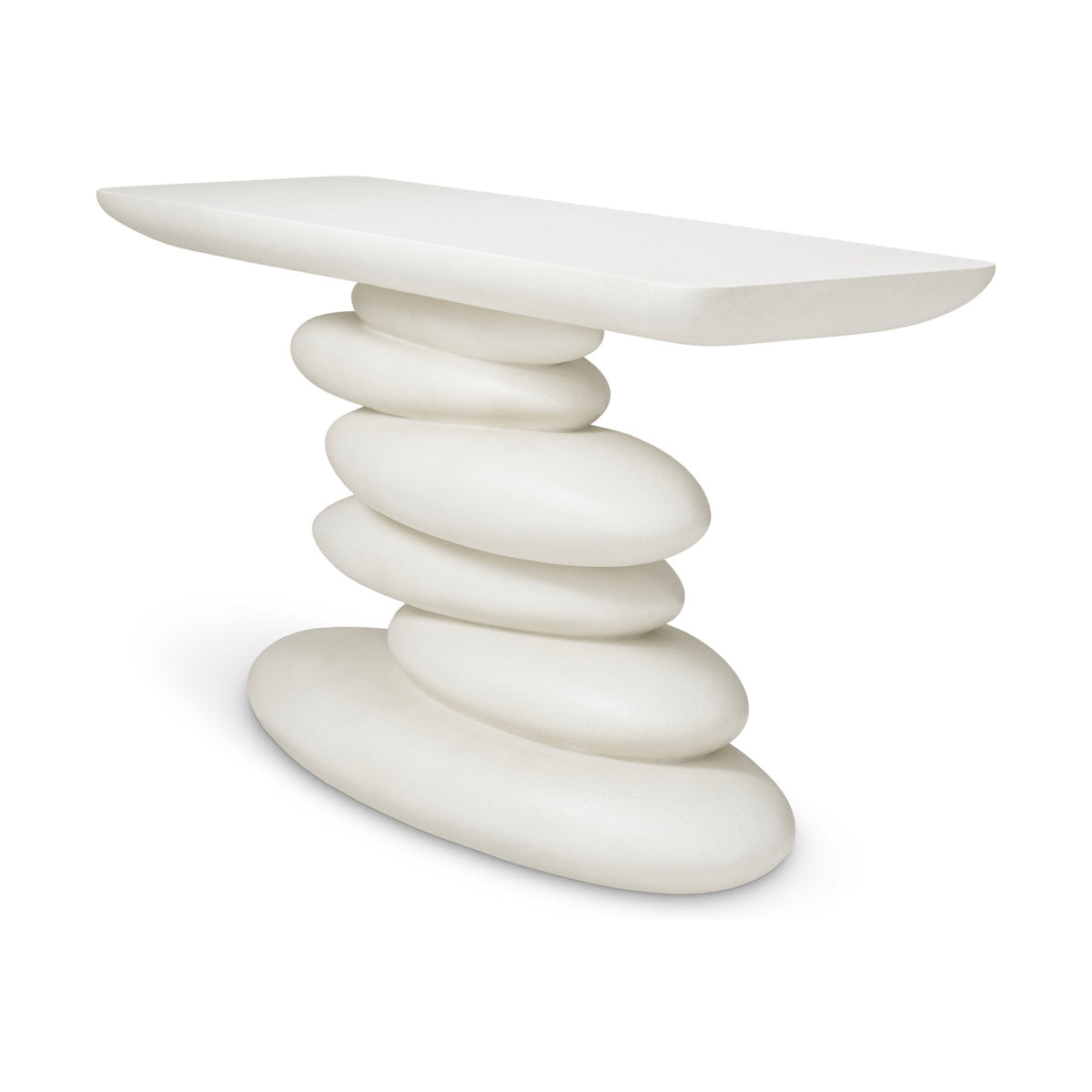 Angled view of the Azura white console table showing its slim tabletop and stacked-pebble base