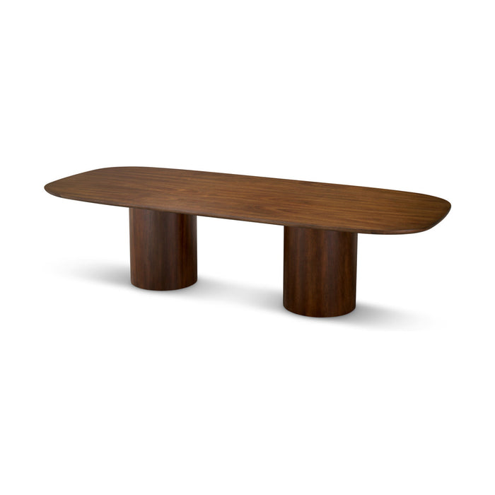 Eichholtz Glenmont dining table in Okoume veneer with rounded tabletop and two cylindrical pedestal legs