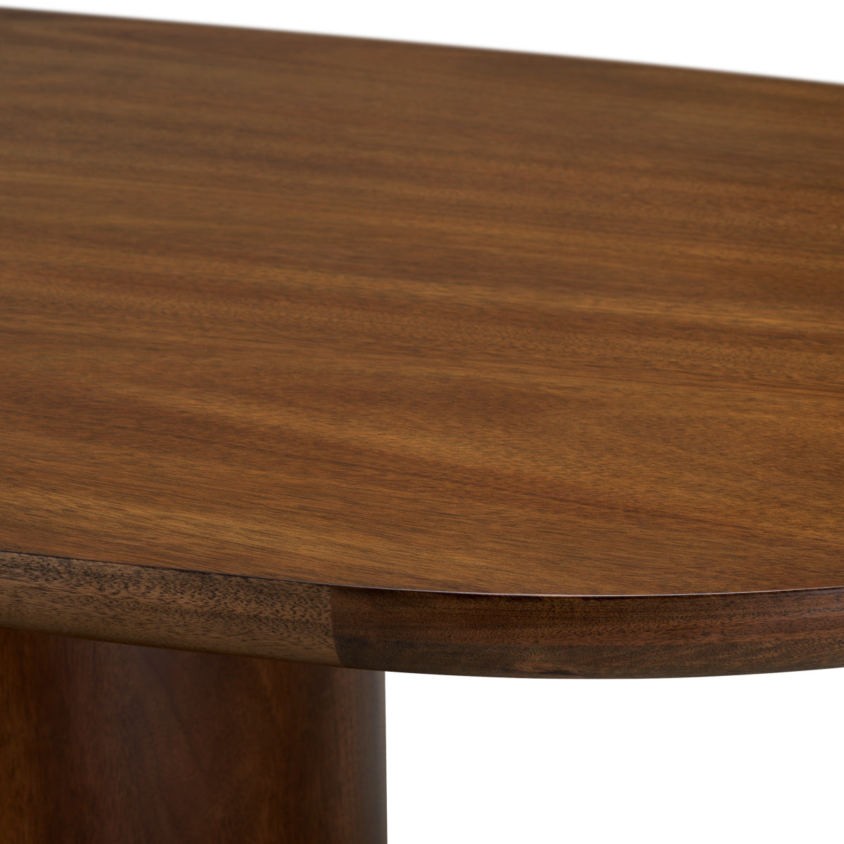 Close-up of the Glenmont dining table Okoume veneer grain and rounded tabletop edge