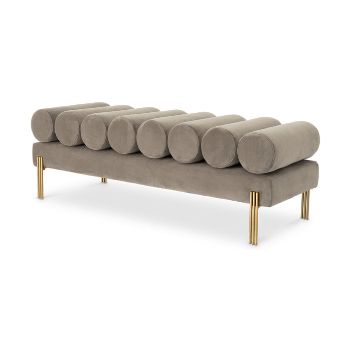 Eichholtz Oxley bench in Savona greige velvet with brushed brass legs, three-quarter view