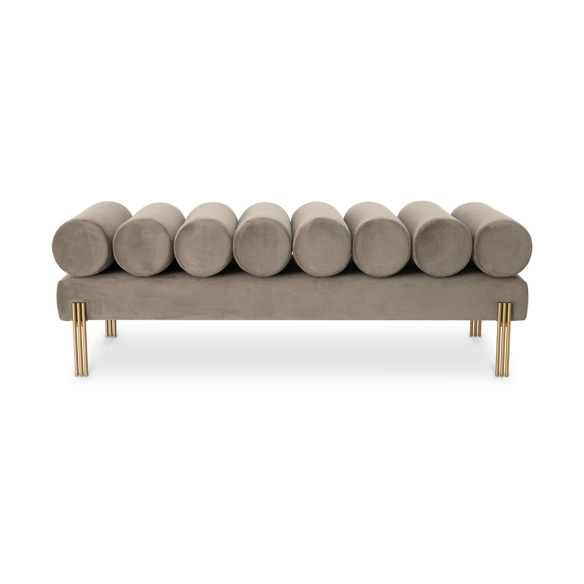 Oxley bench front view showing eight upholstered roll cushions