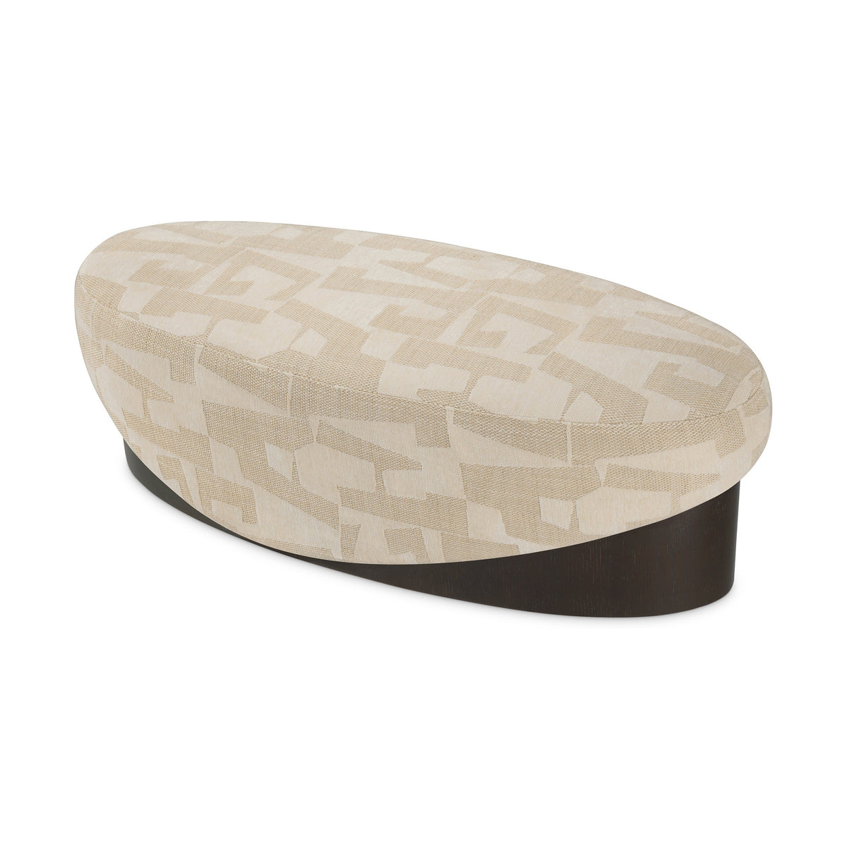 Raymond Bench in Brooklyn sand fabric with dark oak veneer base, higher-angle view
