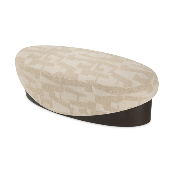Raymond Bench in Brooklyn sand fabric with dark oak veneer base, higher-angle view