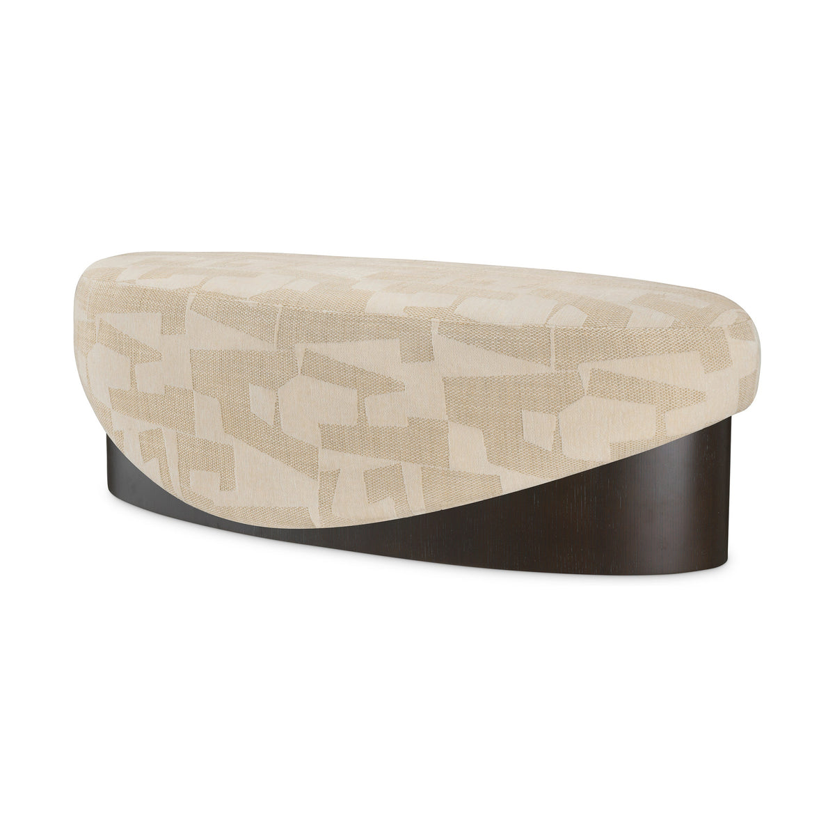 Raymond Bench in Brooklyn sand fabric with dark oak veneer base, three-quarter view