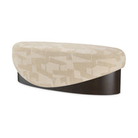 Raymond Bench in Brooklyn sand fabric with dark oak veneer base, three-quarter view