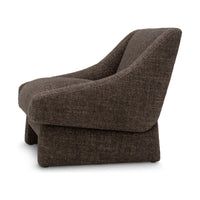 Side view of the Valore chair showing its Renato brown upholstered arms and sculptural base